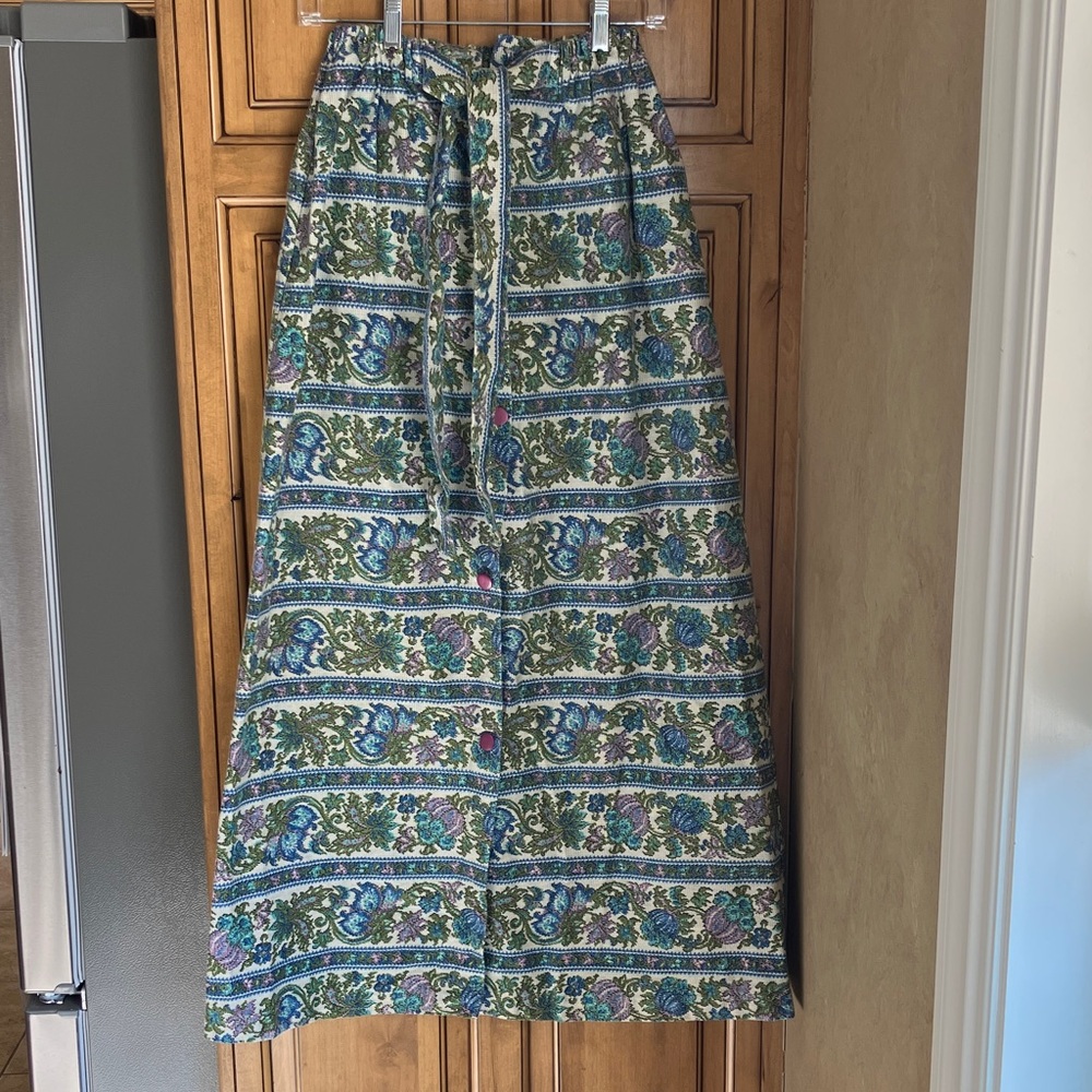 Button-Front Maxi Skirt in Green & Blue Floral Stripe